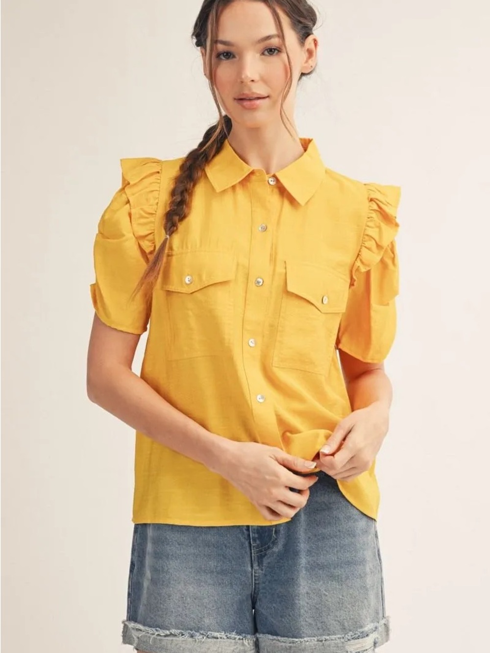 Jodifl Yellow Shirring Ruffle-Sleeve Button-Front Woven Blouse NWOT Small